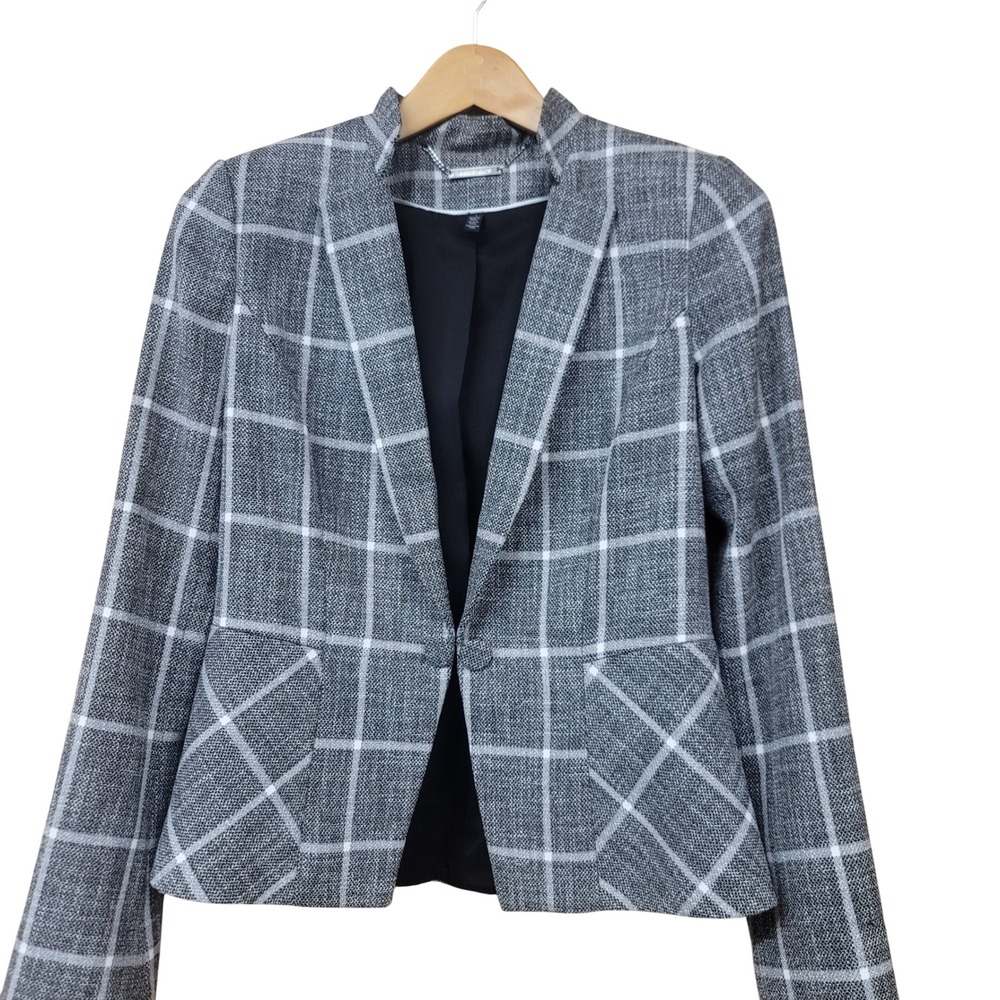 White House Black Market Grey Plaid Peplum Career Classic Blazer Jacket Size 4